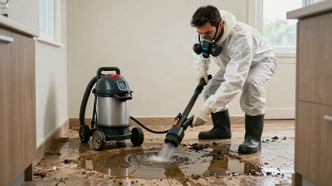 Sewage Backup Cleanup in  tamiami : sewage remediation specialist using a specialized industrial wet/dry vacuum with a HEPA