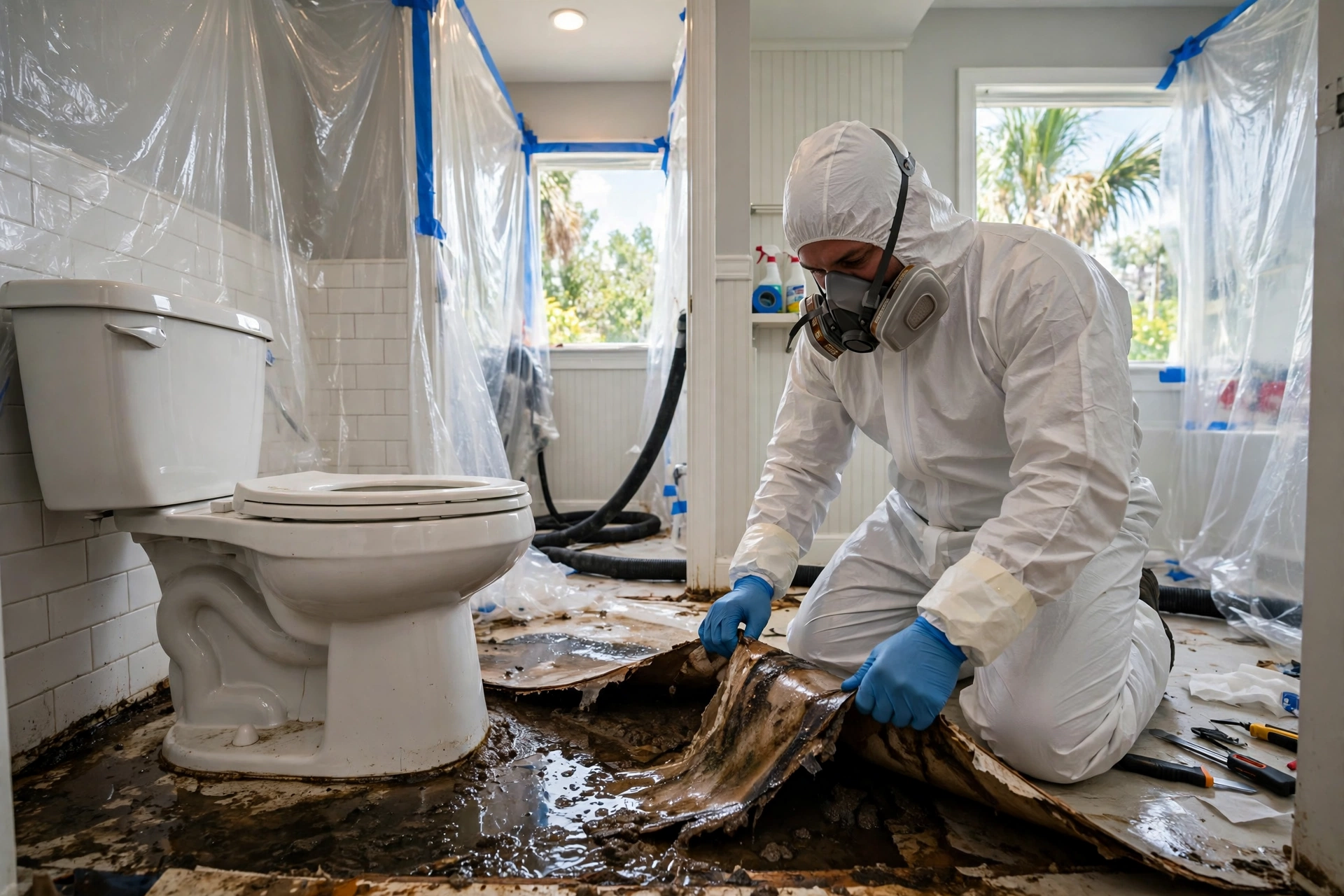 Raw sewage removal in Tamiami: technician in protective gear removing contaminated flooring after a sewage spill