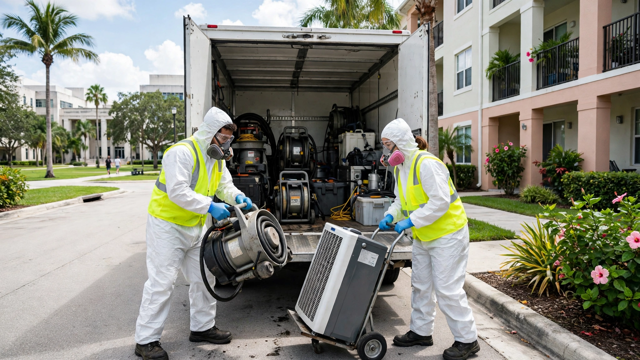 Sewage backup cleanup in East Tamiami: technicians unloading drying equipment at a townhome community