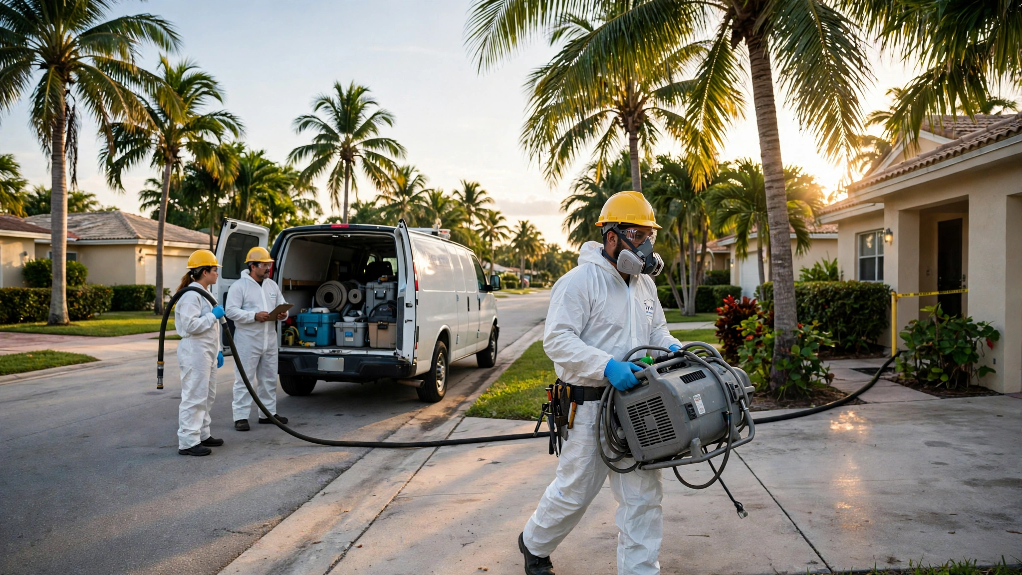 Sewage backup cleanup in North Tamiami: local crew with a service van on a palm-lined Miami street