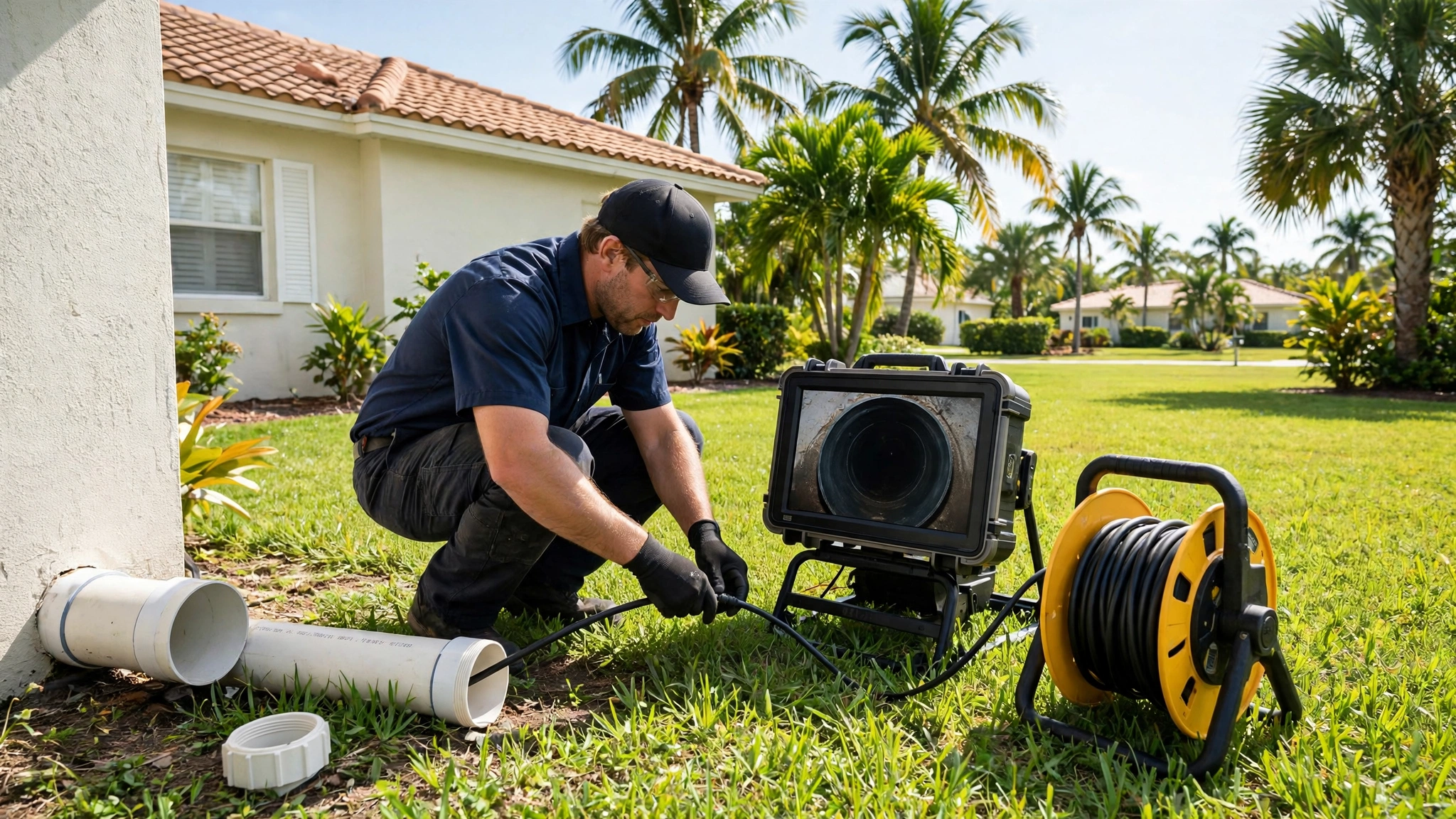 Sewer line backup cleanup in Tamiami: technician running a sewer camera inspection at a Florida home