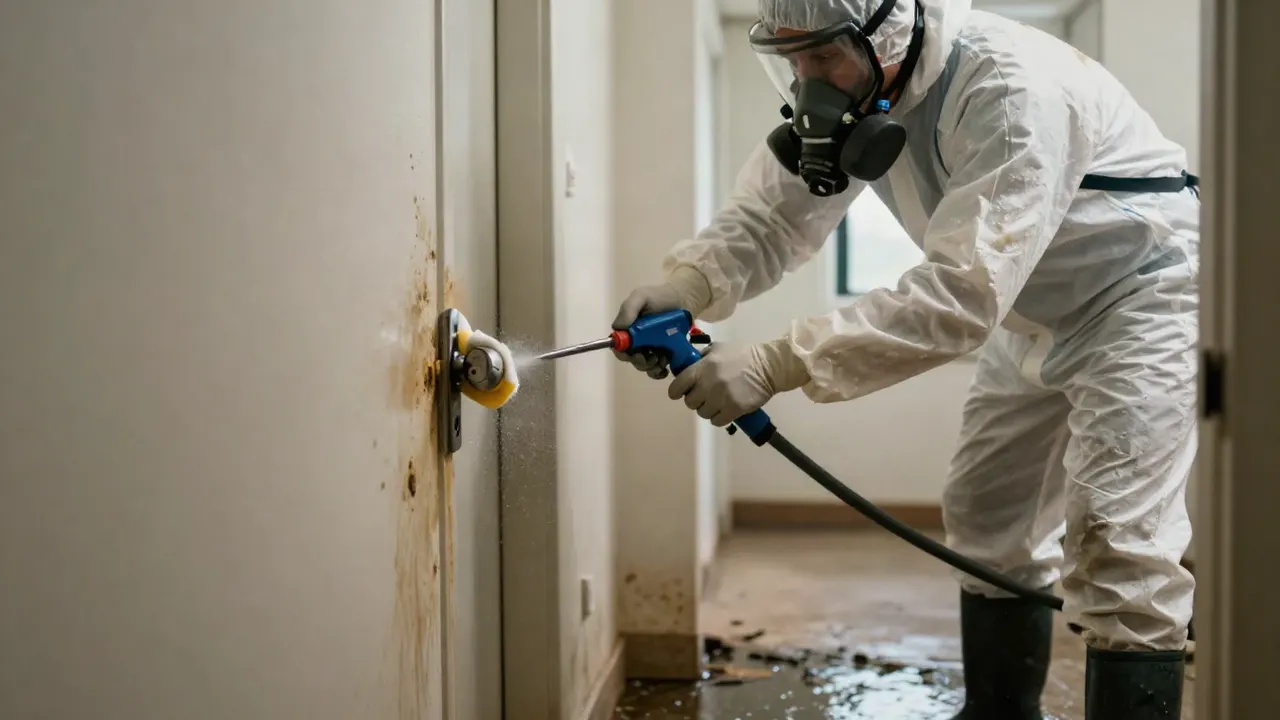 Sewage backup cleanup in  tamiami : close-up of a sewage remediation specialist's gloved hands using a powerful disinfectant